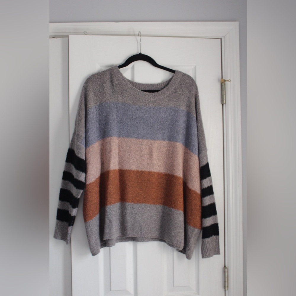 Active USA Striped Scoop Neck Sweater in Gray, Blue, Brown